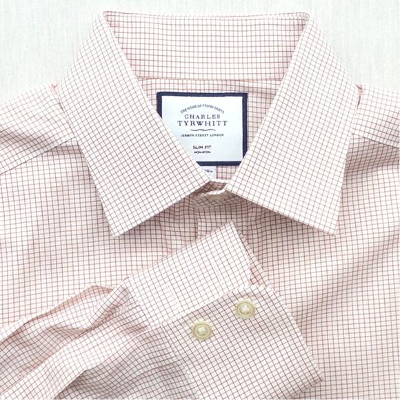 Charles Tyrwhitt Slim Fit Button Down Shirt Mens Medium 15.5 34 Orange Red Plaid - Picture 1 of 6